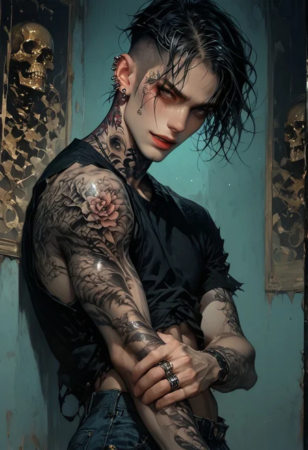 score_9, score_8_up, score_7_up, source_anime, masterpiece, ultra-realistic 8k, (best quality), (lots of details), (intricate details), perfect male painting, detailed painting, inrticate, realistic skin, (male focus:2.2), (flat color, dark theme), unique angle, (cowboy shot), 1boy, adult, gay, addicted, standing, open mouth, happy, smile, masculine, (muscule:0.5), undercut hair, black hair, big eyes, torn clothes, unbuttoned jacket, black t-shirt, lift_t-shirt, holds his t-shirt in his arm, one arm up, (abs:0.7), ripped jeans, braceletes, rings, piercing, (wild tattoo:1.8), looking at viewer, intricate shadows, (shaded), in dark abandoned room, glare and reflections, highres textures, Expressiveh, BREAK 1 skeleton hugging boy from behind