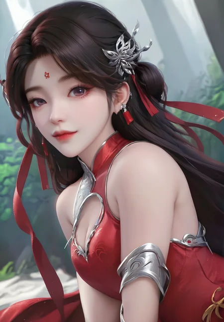 looking_at_viewer,cowboy_shot,(w_arms:1.4),1girl,solo,dress,(face light:1.5),hair ornament,portiart,from front,masterpiece,(best quality),official art,extremely detailed cg 8k wallpaper,((crystalstexture skin)),(extremely delicate and beautiful),solo,photo_\(medium\),hiqcgbody,chinese background,(smile:0.8),red cheongsam,eye-contact,jewelry,long hair,<lora:huolinger_V2-000008:1>,