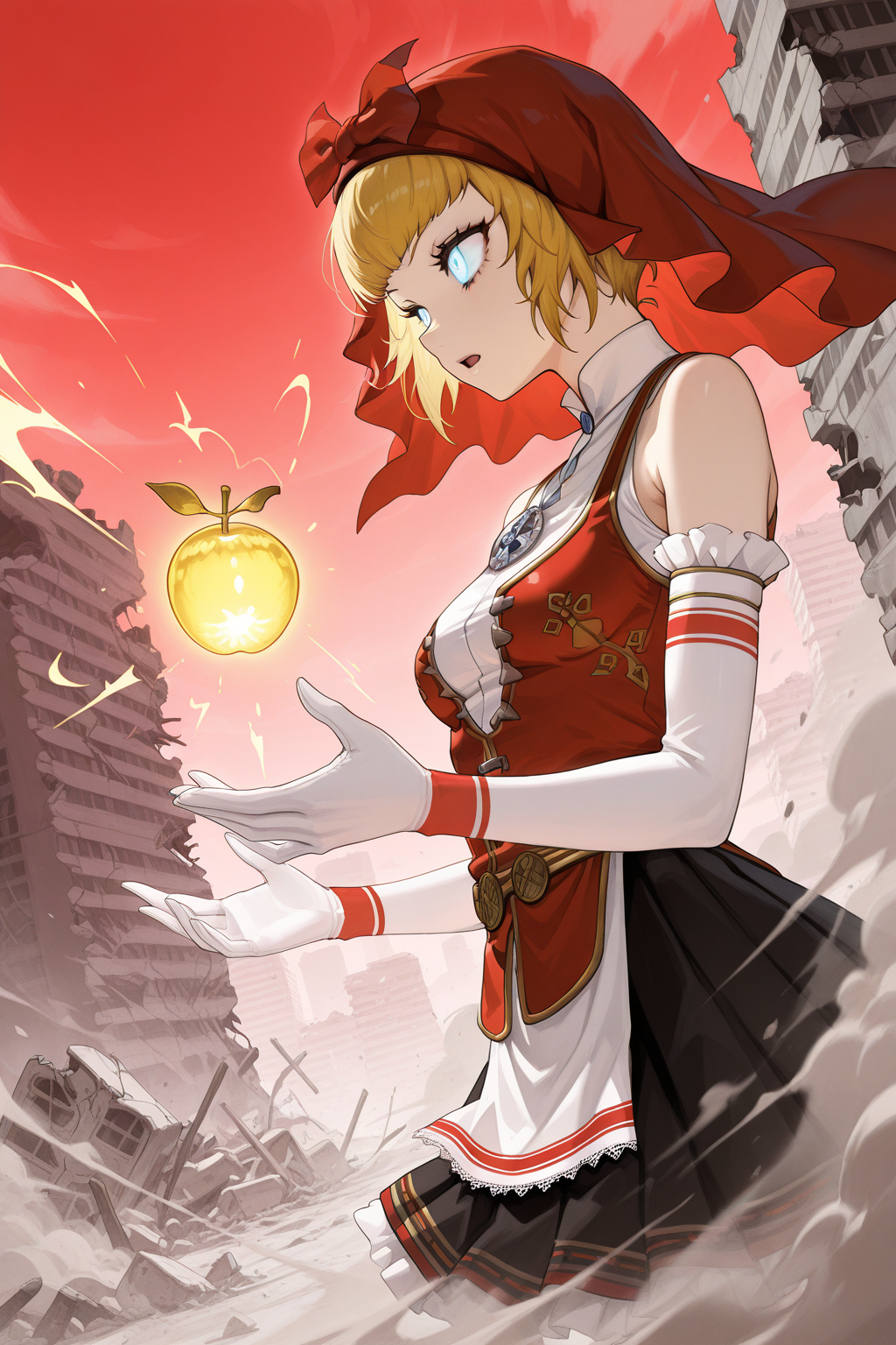 1girl,
IdunnShinMegamiTensei,
general, solo, perspective, dutch angle, from side, upper body,
short hair, blonde hair, detailed eyes, glowing eyes,
red hood, elbow gloves, 
skirt, 
battle, looking away, open mouth, casting spell, 
forward hands, glowing fruit,
tokyo, fantasy, white theme, red sky, ruins, building, dust,
<lora:kp_IdunnShinMegamiTenseiIllustrious_v1_0:1.0>,
masterpiece, best quality, amazing quality
