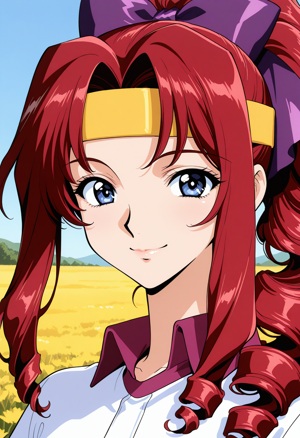 shindou_tamaki, blue eyes, red hair, long hair, drill hair, ponytail, hair ribbon, purple bow, yellow headband, short sleeves, sportswear,  <lora:asuka120_shindou_tamaki_illustrious_ver1:0.8> 
smile,, masterpiece, best quality, general,, 1girl, solo, (field:1.2), (blue sky:1.2), looking at viewer,, (upper body:1.2), (close-up:1.2), (facing viewer:1.2), (open eyes:1.4), (portrait:1.2)