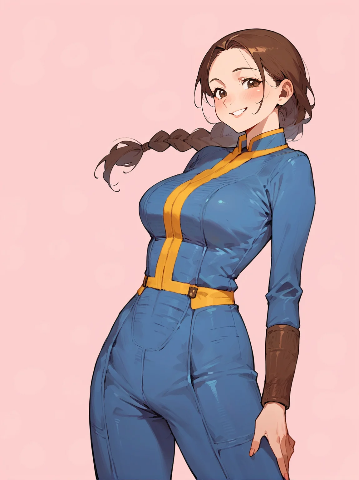 score_8_up, score_7_up, score_6_up, source_anime, 1girl, solo, simple background, pink background,
standing, pose, contrapposto, arched back, cowboy shot
braid, brown hair, mature female, smile
blue jumpsuit, <lora:vaultjumpsuit:1>