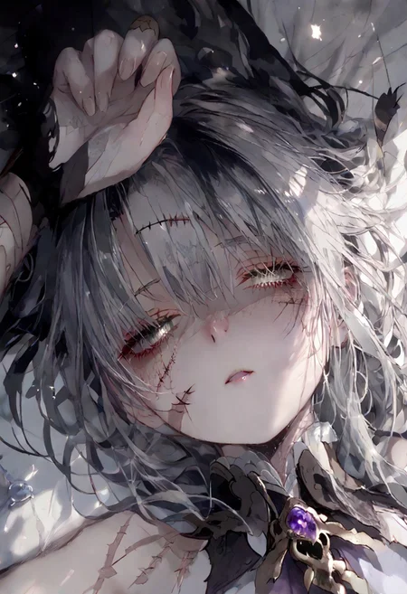 , 1girl, solo focus, perfect anatomy,
BREAK
(score_9, score_8_up, score_7_up), (Masterpiece), (expressive eyes), 1girl, 
Zombie, colored skin, grey skin, torn clothing, bandages, scars, stitches, gray skin,
<lora:MGE_V5.0:1.2>
BREAK
erotic pose, detail background, lying on her back, bangs hair style, tired, 
looking up at the viewer, gentle,upside down,
dynamic angle,
BREAK
 smooth style,portrait,dim lighting,face focus,shaded face,particles, 
BREAK
 smooth style,portrait,dim lighting,face focus,shaded face,particles, 
BREAK
perfecteyes,NegativeDynamics,