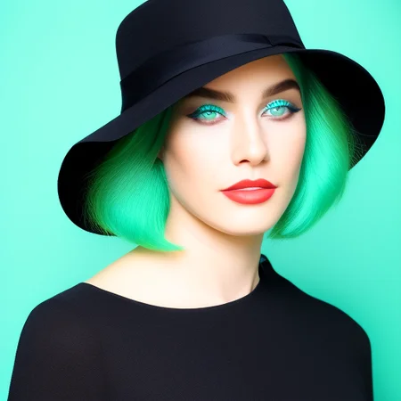 samdoesarts, a woman with green hair and a hat on her head and green eyes and a black hat, 1girl, eyelashes, face, freckles, gradient hair, aqua background, green eyes, green hair, lips, long hair, looking at viewer, nose, parted lips, portrait, simple background, solo