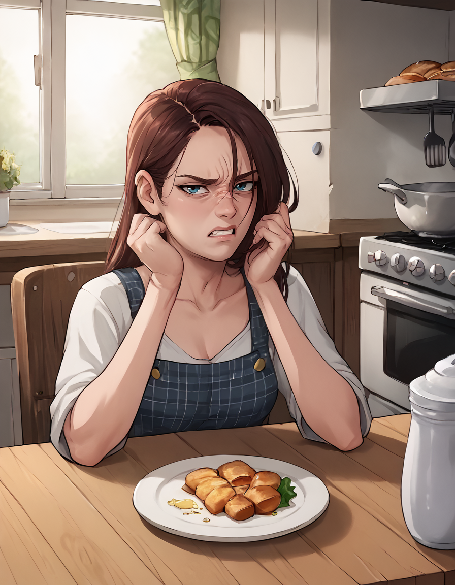zPDXL3, source_cartoon,
<lora:shadman_style_v4:0.2><lora:Jabstyle_AMXLV1:0.2> <lora:Akabur:0.2><lora:Lunas-Sparrow-SDXL-A1:0.2>
1girl, sitting at a table, kitchen, staring at a plate of food, (disgust:1.1)<lora:disgust_pony_v1:1.0>