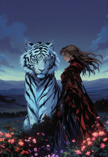 high quality details, the realism of the image must be maximal and of high quality, image quality must be maximum, image rendering must be maximum, the image must have a lot of detail and be very complex,
drkfnts style. A beautiful woman with flowing light brown hair and piercing green eyes stands gracefully beside her companion, a majestic tiger with ne0nfant4sy bioluminescent fur, fierce but loyal. The tiger, a marvel of contrasting artistry, stands tall and proud, its fur and body made up of intricate details, its body radiating a soft, ethereal glow. The woman, radiating grace and elegance, wears a flowing gown of swirling black and red that blends seamlessly with the ethereal landscape. The scene is set against a backdrop of a timeless realm where magic and nature intertwine, bathed in the soft glow of a twilight where mythical magic and fierce nature blend seamlessly. Rolling hills stretch out towards a horizon veiled in a soft, rolling mist. Beautiful flowers bloom at their feet, their petals shimmering with a gentle luminescence. This image captures the ethereal beauty and harmonious unity of contrasting forces, a testament to the enduring power of companionship and the enchanting mystery of their shared guardianship over a realm of balance and duality. mythp0rt