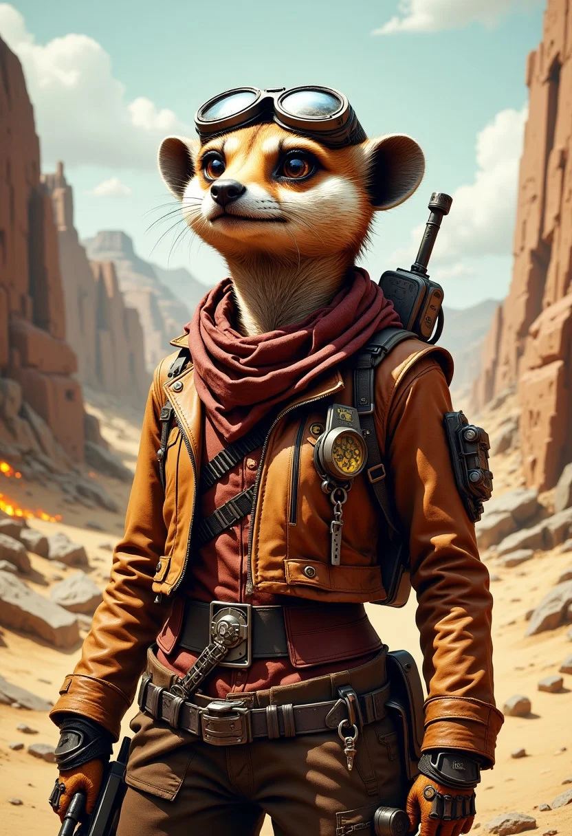 An anthropomorphic meerkat with tawny, sun-scorched fur, wearing a patched-up leather jacket and a rugged scarf tied loosely around their neck. Their goggles are pushed up on their head, revealing sharp, intelligent eyes scanning the horizon. They carry a makeshift energy rifle strapped across their shoulder, its surface marked with scratches and scorch marks. Dust and sand cling to their fur, and a small metallic charm hangs from their belt as a keepsake. The background is a barren wasteland dotted with jagged rocks, glowing radioactive pools, and the ruins of a crumbling structure in the distance. The portrait emphasizes their resilience and adaptability in a harsh, unforgiving world.