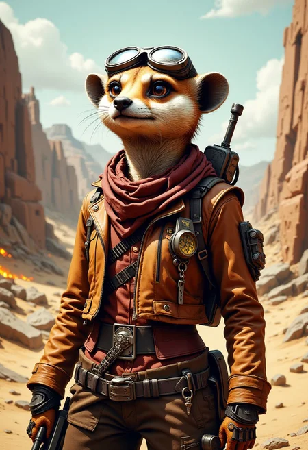 An anthropomorphic meerkat with tawny, sun-scorched fur, wearing a patched-up leather jacket and a rugged scarf tied loosely around their neck. Their goggles are pushed up on their head, revealing sharp, intelligent eyes scanning the horizon. They carry a makeshift energy rifle strapped across their shoulder, its surface marked with scratches and scorch marks. Dust and sand cling to their fur, and a small metallic charm hangs from their belt as a keepsake. The background is a barren wasteland dotted with jagged rocks, glowing radioactive pools, and the ruins of a crumbling structure in the distance. The portrait emphasizes their resilience and adaptability in a harsh, unforgiving world.