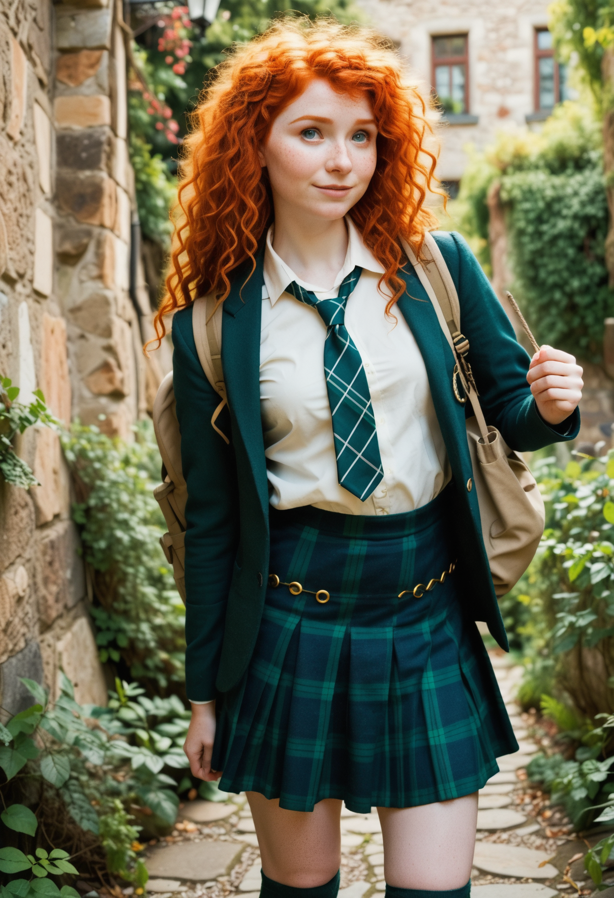 MeridaXLP,freckles,cleavage,wavy hair , A high resolution professional cosplay photograph of Merida, the fiery-haired Disney princess from Brave, dressed in a modern schoolgirl outfit. She has her signature wild, curly red hair cascading down her shoulders, with a few strands playfully framing her freckled face. Her emerald green eyes shine with mischief and determination. She is topless and wears a stylish school uniform consisting of a plaid skirt in shades of green and navy, a fitted blazer with gold buttons, knee-high socks, and polished black shoes. A loosely tied tie hangs around her neck, giving her a rebellious yet charming look. She stands confidently, perhaps adjusting her backpack strap or holding a book, with a smirk that hints at her adventurous spirit. The background is softly blurred, depicting a grand old-school building with stone walls and ivy creeping up the sides, adding to the academic yet whimsical atmosphere.