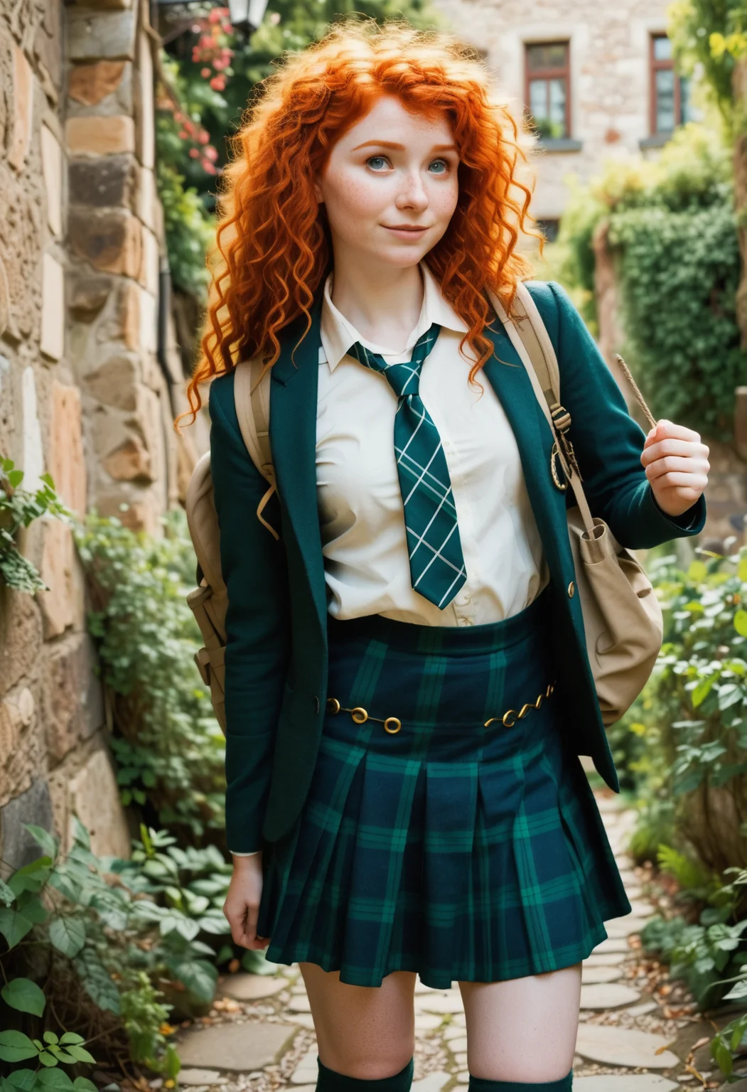 MeridaXLP,freckles,cleavage,wavy hair , A high resolution professional cosplay photograph of Merida, the fiery-haired Disney princess from Brave, dressed in a modern schoolgirl outfit. She has her signature wild, curly red hair cascading down her shoulders, with a few strands playfully framing her freckled face. Her emerald green eyes shine with mischief and determination. She is topless and wears a stylish school uniform consisting of a plaid skirt in shades of green and navy, a fitted blazer with gold buttons, knee-high socks, and polished black shoes. A loosely tied tie hangs around her neck, giving her a rebellious yet charming look. She stands confidently, perhaps adjusting her backpack strap or holding a book, with a smirk that hints at her adventurous spirit. The background is softly blurred, depicting a grand old-school building with stone walls and ivy creeping up the sides, adding to the academic yet whimsical atmosphere.