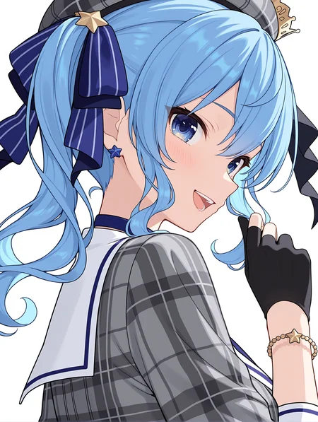 masterpiece,best quality,newest,
1girl,solo,
<lora:T_nari_ilxl_v3:1>,t_n,
<lora:Fixhands_anime_bdsqlsz_V1:1>,hoshimachi suisei,virtual youtuber,blue hair,hat,blue eyes,gloves,plaid headwear,beret,grey headwear,looking at viewer,crown,side ponytail,open mouth,upper body,smile,black gloves,bracelet,plaid,striped ribbon,jewelry,partially fingerless gloves,star (symbol),medium hair,ribbon,symbol in eye,hair ribbon,blush,teeth,bangs,star in eye,looking back,white_background,simple_background,