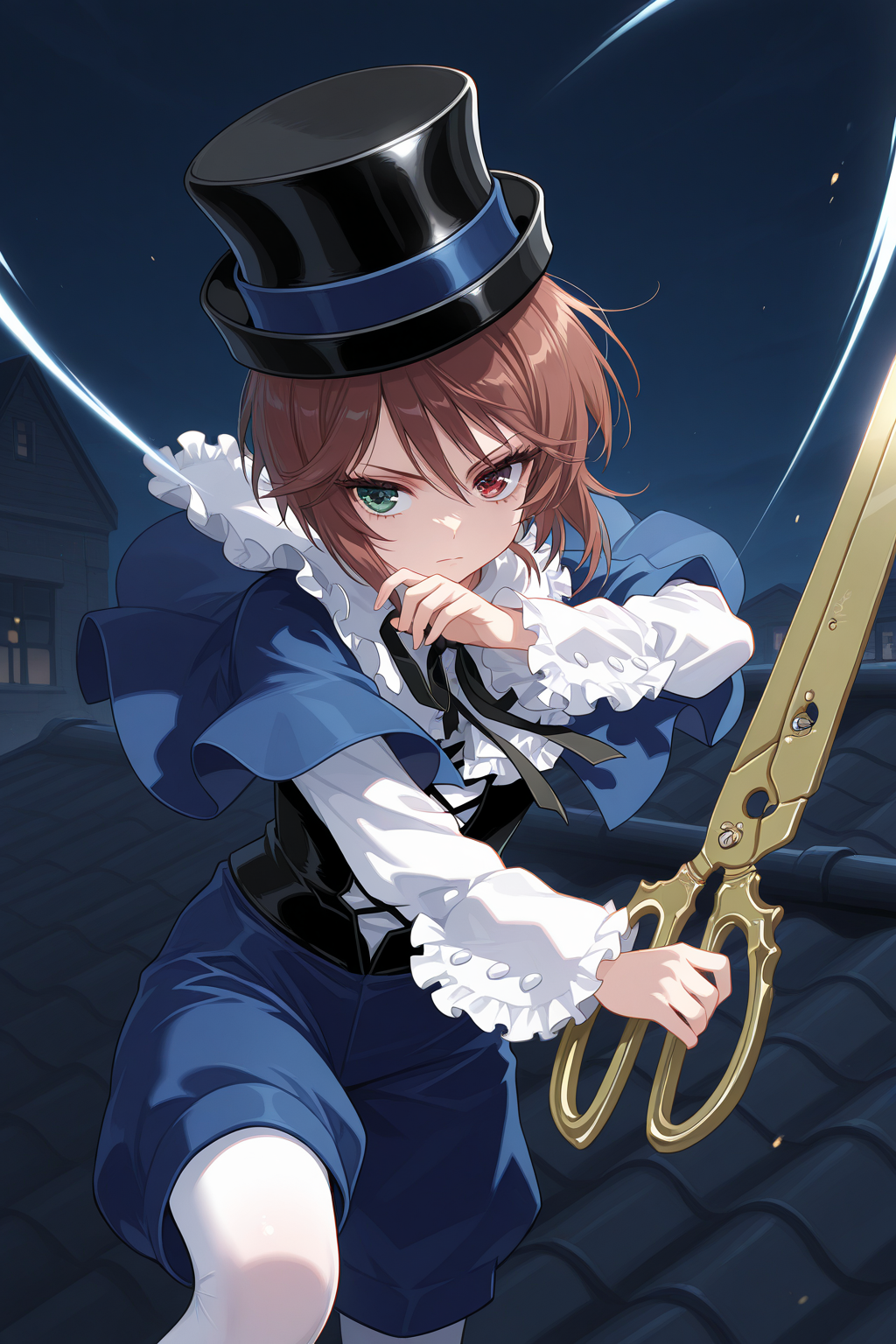 1girl, SouseisekiRozenMaiden, 
general, solo, upper body,
eyelashes,
top hat, kodona,
frilled shirt collar, neck ribbon, blue capelet,
white shirt, long sleeves,
black corset,
blue shorts, white pantyhose, 
battle, serious, holding scissors, oversized object, slashing,
black theme, night, on roof,
<lora:kp_SouseisekiRozenMaidenIllustrious_v1_0:1.0>,
masterpiece, best quality, amazing quality