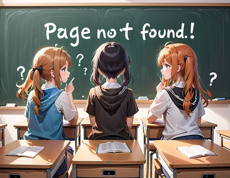 anime, 3students, focus blackboard, (from behind:1.2), (speech bubble question mark:0.8), 
('Page Not Found' text logo:1.5) is written in large letters on the classroom blackboard,