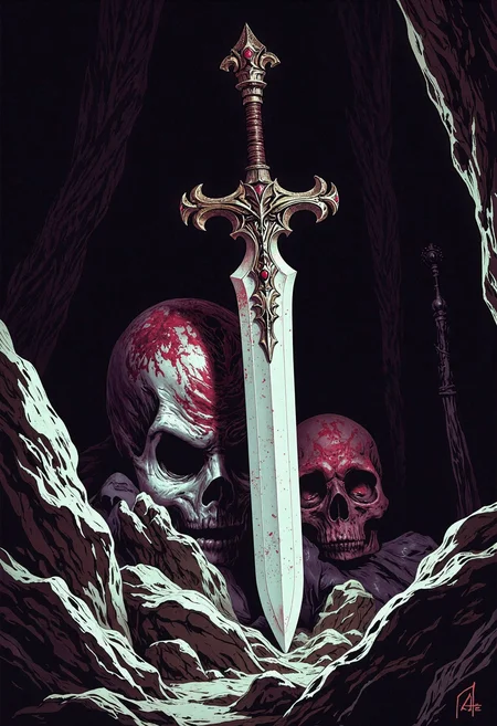Concept illustration showcasing the beauty of a ghostly alien greatsword forged from bone lodged in a fresh grave. Set in a cursed shrine, surrounded by odd shadows, underlined by a haunting feeling, further strengthened by dim light; masterpiece, best quality, dappled lighting, authentic