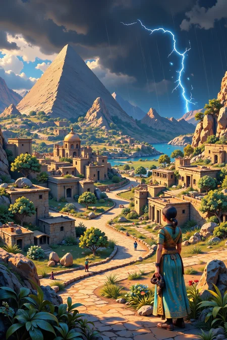 ancient egypt village beautiful landscape, rain and storm, woman, very intricate, very detailed, sharp, bright, colorful, <lora:Hand v2:0.5> <lora:Anti-Blur:1><lora:Insane Detail Slider:0.25>  <lora:flux.1_lora_flyway_Epic-detail_v2:0.3> <lora:fluxenhancer:0.25> <lora:ROWER:0.6> <lora:flux-charmer-v1-1:0.4>  <lora:Cute_Collectibles:1>  <lora:n1j1-5-12:1> n1j1