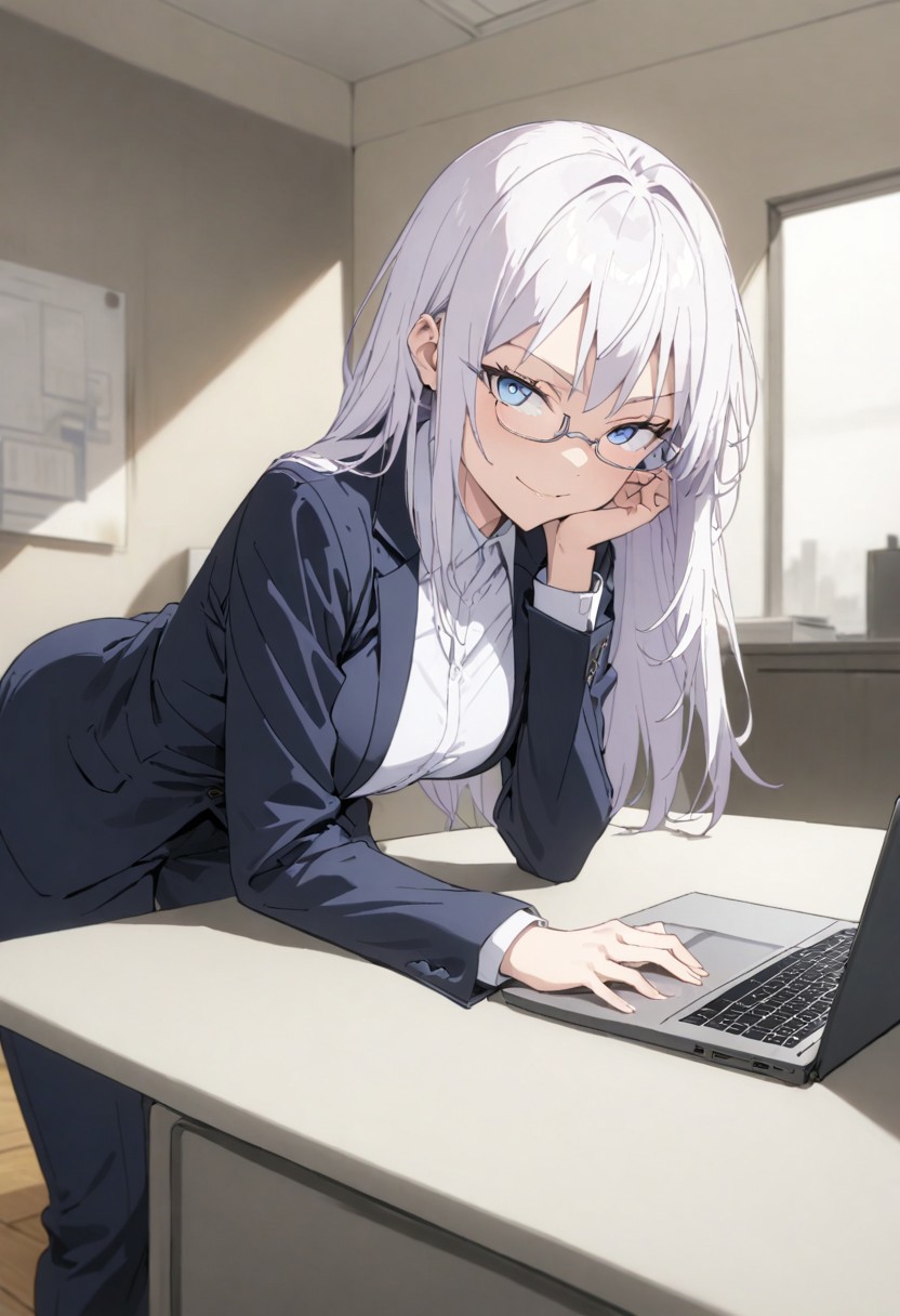 score_9, score_8_up, score_7_up, score_6_up, masterpiece, best quality, absurdres, perfect composition, solo, 1girl, medium breast, gojo satoru, blue eyes, white hair, long hair, business suit, glasses, laptop on desk, office background, smirk, standing, looking at viewer,