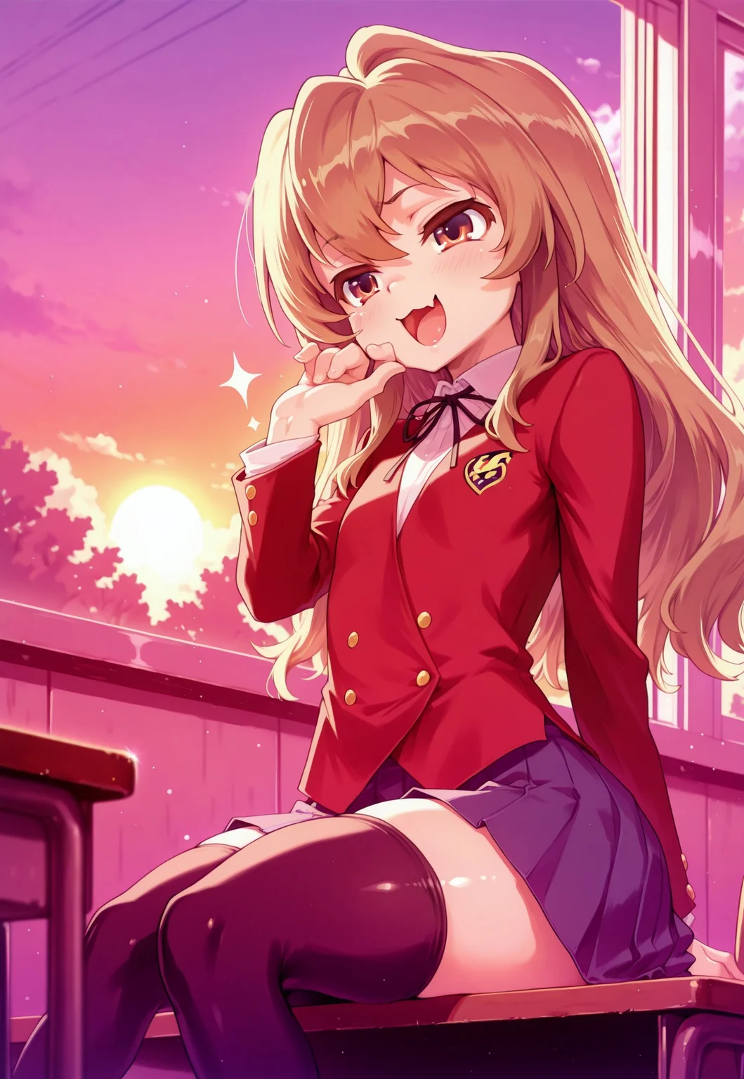 masterpiece, best quality, very aesthetic, absurdres, aisaka taiga, 1girl, solo,brown hair,long hair,flat chest, oohashi high school uniform, red jacket, black thighhighs ,pleated skirt, smile, light blush, shiny skin, mesugaki, open mouth, d, :3, fang, skin fang, sitting in empty classroom, sunset, light from windows,