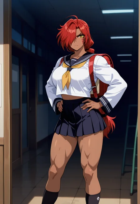 masterpiece, best quality, amazing quality, absurdres, 1girl, solo, genieww, mature female, dark skin, dark-skinned female, muscular female, orange eyes, red hair, low-tied long hair, single braid, hair over one eye, facial mark, large breasts, school uniform, serafuku, white shirt, black sailor collar, long sleeves, wide sleeves, red neckerchief, midriff peek, miniskirts, yellow neckerchief,red randoseru, shoulder bag, backpack, black socks, white footwear, sneakers, <lora:Genie_Mahou_Senshi_Louie_ill_v12:0.9>, standing, frown, looking at viewer, hands on hips, skindentation, detailed clothing folds, depth of field, sharp, high contrast, dynamic light
