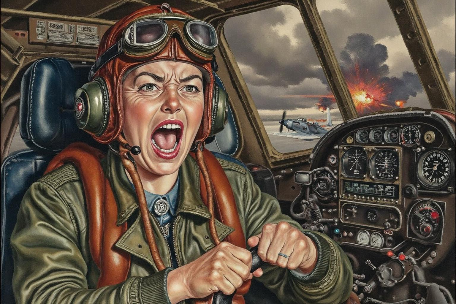 sspencer1 painting. A female pilot screaming inside the cockpit of a World War II bomber. The pilot, wearing a vintage leather flight helmet with goggles and a bomber jacket, grips the controls with white-knuckled hands. Her face is contorted in a mix of fear and determination as she yells, her eyes wide with adrenaline. The cockpit is cramped and filled with old-fashioned dials and gauges, with the outside view showing dark stormy clouds and distant anti-aircraft fire
 <lora:sspencer1_cap_d6a3:1.0><lora:832146512269122824:0>