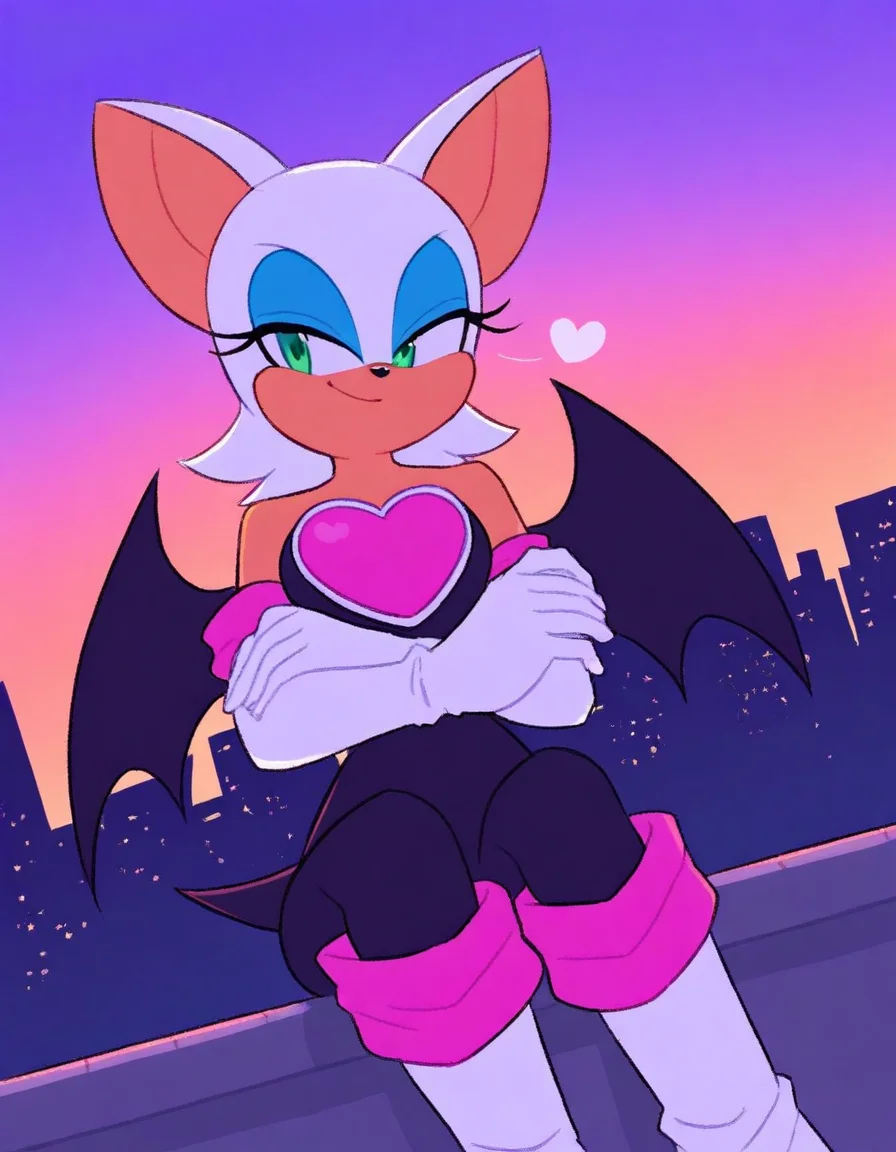 , <lora:rouge-the-bat-illustriousxl-lora-nochekaiser:1>, rouge, animal ears, bat ears, bat girl, bat tail, bat wings, eyeliner, furry, furry female, green eyes, makeup, tail, white hair, wings, eyeshadow,, bare shoulders, boots, elbow gloves, gloves, heart, knee boots, white footwear, white gloves,, rooftop, sunset, cityscape, quiet moment, wind blowing, contemplative, smile, crossed arms, smug, looking at viewer, solo,, dutch angle, cowboy shot