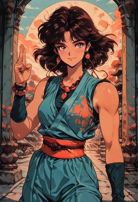 masterpiece, best quality, good quality, very aesthetic, absurdres, newest, pinkretroanime, retro art, in the style of cksc, JeddtlIL, dynamic angle, fighting stance, 1girl, detailed eyes, solo, monk, athletic, spiritual warrior, sleeveless gi, happy smile, prayer beads, serene training grounds, warm color palette