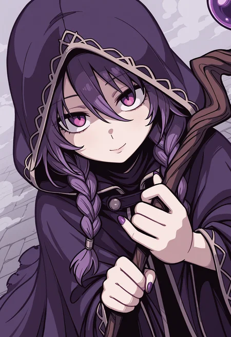 , masterpiece, best quality, absurdres, very aesthetic, highres, very awa,
1girl, face focus, twin braids, dutch angle,  light smile,  fog, holding mage staff, hood up, cloak, hand focus, dynamic pose, purple nails, hair between eyes,   <lora:suragiv3_ill:1>