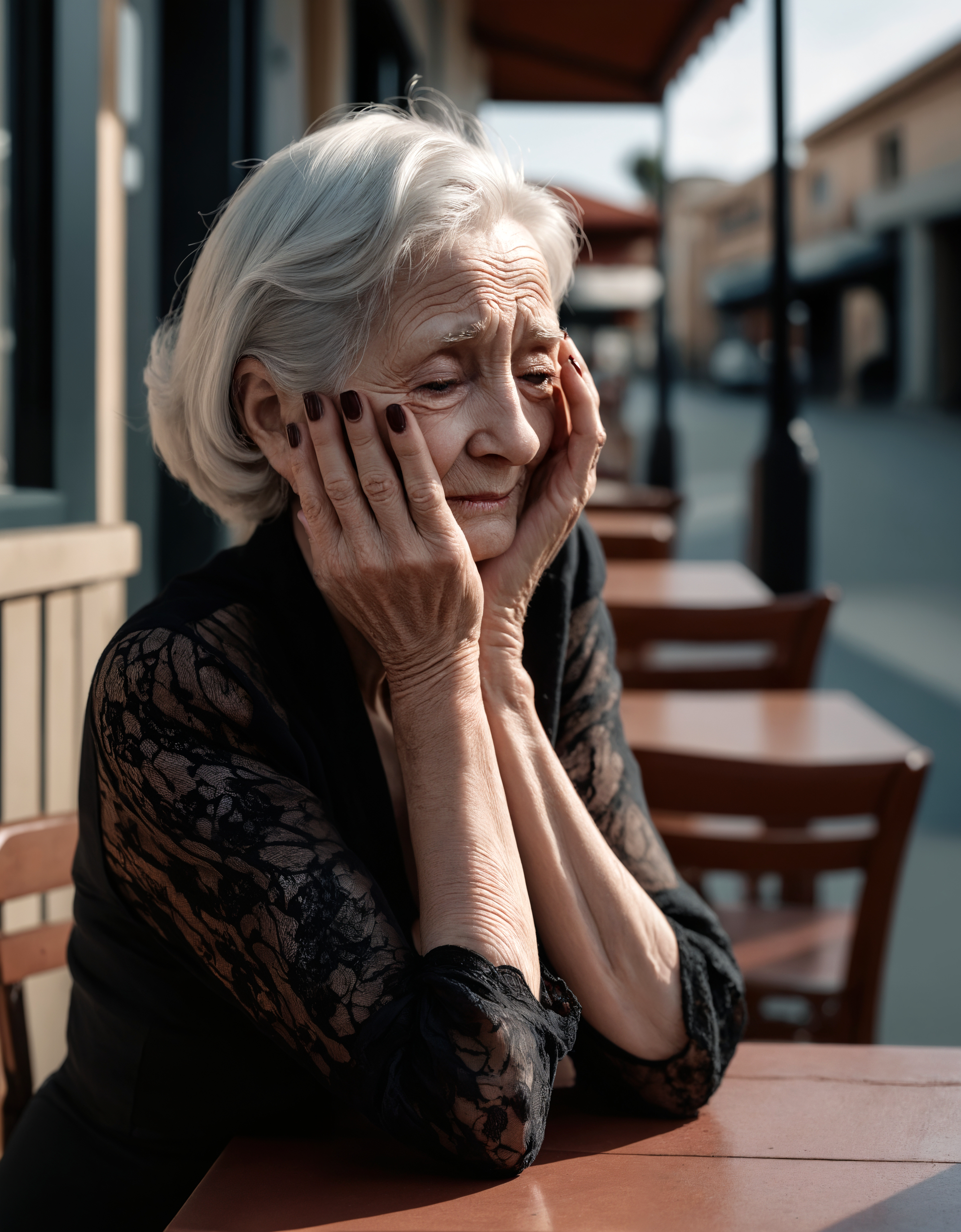 a professional glamour minimalist style photo of the elderly woman, overcome with sorrow, covers her face.her hands clutching her cheeks. Photorealistic, Hyperrealistic, Hyperdetailed, film noir, analog style, hip cocked, demure, low cut, black lace, detailed skin, pores, smirk, smiling eyes, matte skin, outdoor cafe, 
