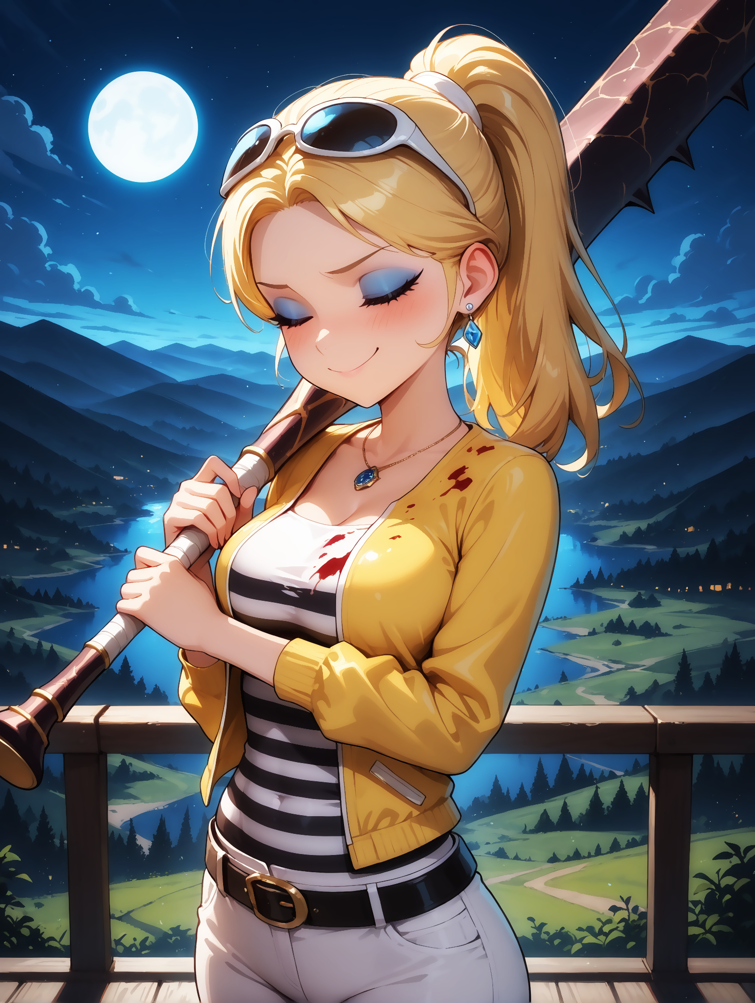masterpiece, best quality, amazing quality, very aesthetic, detailed eyes, perfect eyes, amazing quality, solo, imtdchloe, 1girl, blonde hair, eyewear on head, sunglasses, necklace, makeup, striped shirt, black stripes, ponytail, eyeshadow, long hair, earrings, medium breast, white pants, yellow jacket, belt, eyelashes, holding a bat (weapon), bat (weapon), bloodstained bat, cute face, kawaii face, smile, closed eyes, blush, innocent face, tender, bloodstained clothes, bloodstained face, outdoor, looking at viewer, night, beautiful landscape, cowboy shot
