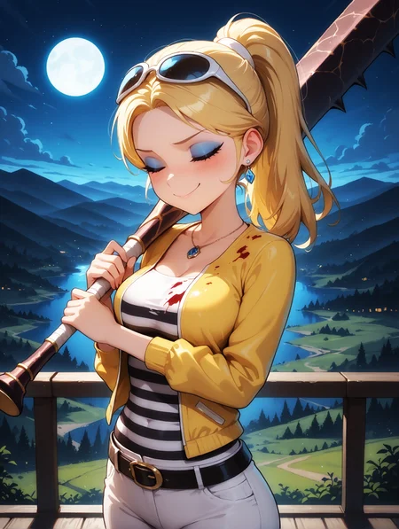 masterpiece, best quality, amazing quality, very aesthetic, detailed eyes, perfect eyes, amazing quality, solo, imtdchloe, 1girl, blonde hair, eyewear on head, sunglasses, necklace, makeup, striped shirt, black stripes, ponytail, eyeshadow, long hair, earrings, medium breast, white pants, yellow jacket, belt, eyelashes, holding a bat (weapon), bat (weapon), bloodstained bat, cute face, kawaii face, smile, closed eyes, blush, innocent face, tender, bloodstained clothes, bloodstained face, outdoor, looking at viewer, night, beautiful landscape, cowboy shot
