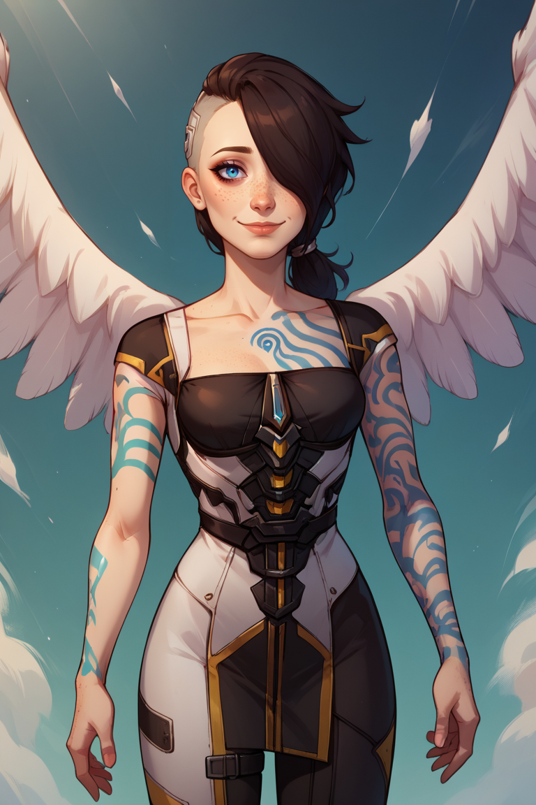score_9, score_8_up, score_7_up, BREAK, 1girl, solo, breasts, <lora:angelbl-guy-PONYv1:1>, angelbl, tattoo, freckles, makeup, hair over one eye, asymmetrical hair, ponytail, bodysuit, dress, light smile, cowboy shot,