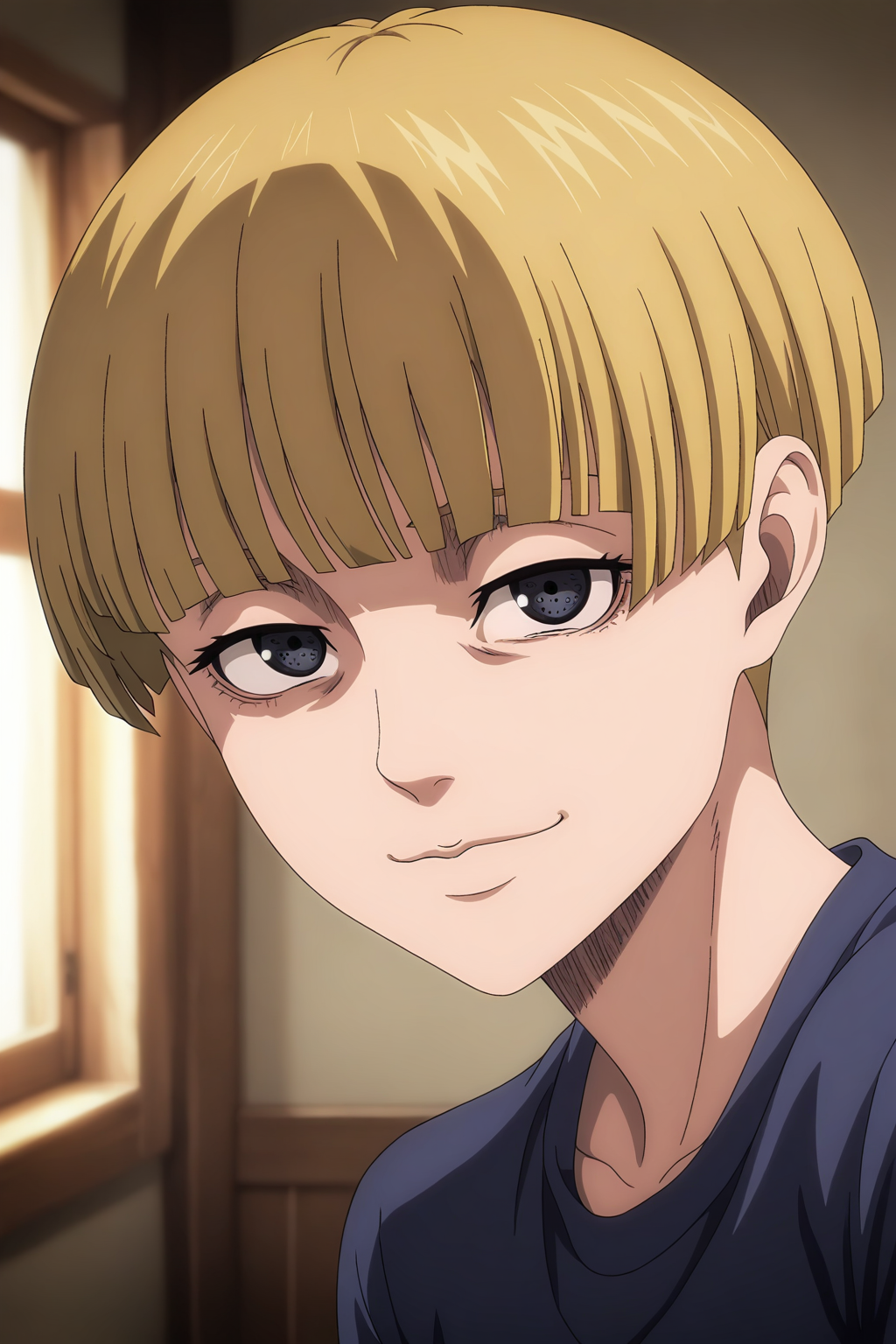 1girl, yelena, solo, blonde hair, dark blue eyes, short hair, bowl cut, blue shirt, looking at viewer, smile
masterpiece,best quality,amazing quality, indoors, bedroom