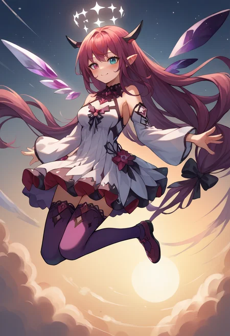 score_9, score_8_up, source_anime, 1girl, solo, IrysBase, heterochromia, purple eye, blue eye, long hair, double halo, detached wings, white dress, detached sleeves, bare shoulders, purple thighhighs, mid air, floating, smile, :d, blush, medium breasts, <lora:CHAR-IrysPonyXL:1>