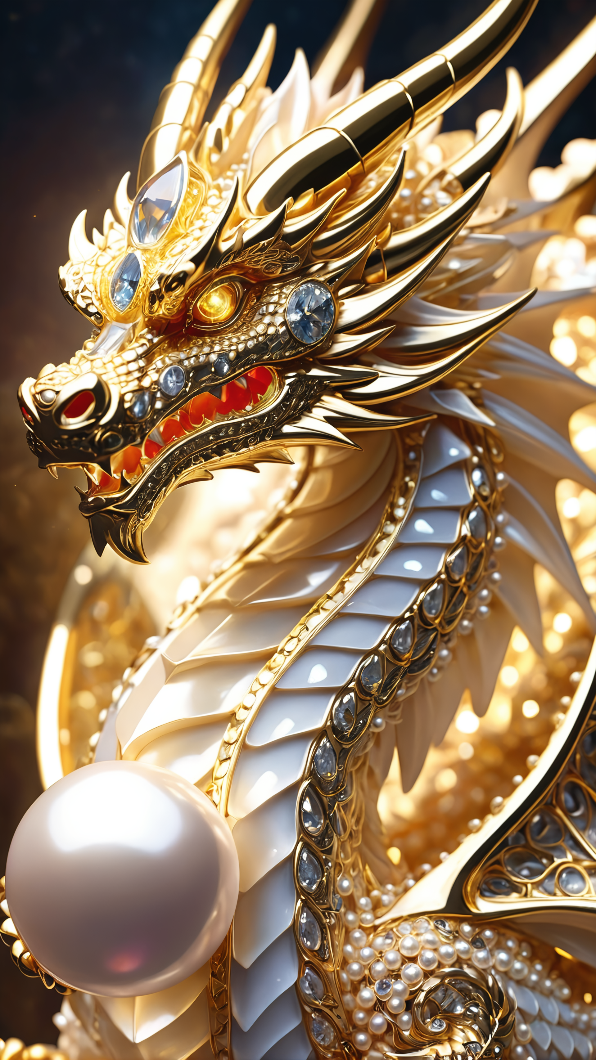 gleaming diamond dragon with golden accents, radiating light, amidst brilliance, symmetrical hyperdetailed texture, pearl filigree, concept art, artstation,  perfect composition, masterpiece, glittering professional photography, macro, natural lighting, canon lens, shot on dslr 64 megapixels sharp focus ethereal