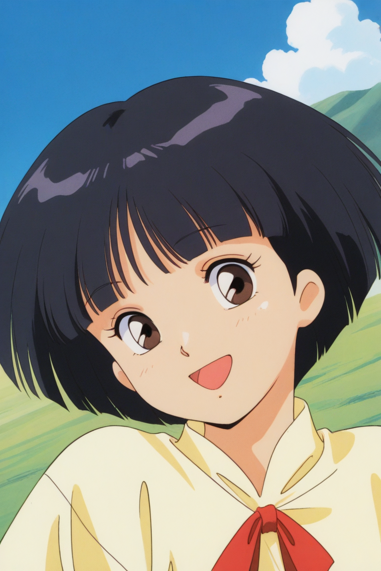 masterpiece, best quality, source_anime,official art,perfect_anatomy,1990s_\(style\),retro_artstyle, 1girl,,Natsumi_Mizuki,black_hair,short_hair,blunt_bangs,yellow_shirt,red_ribbon,(beautiful detailed face,looking_at_viewer,smile,open mouth),upper body,day,blue_sky,cloud