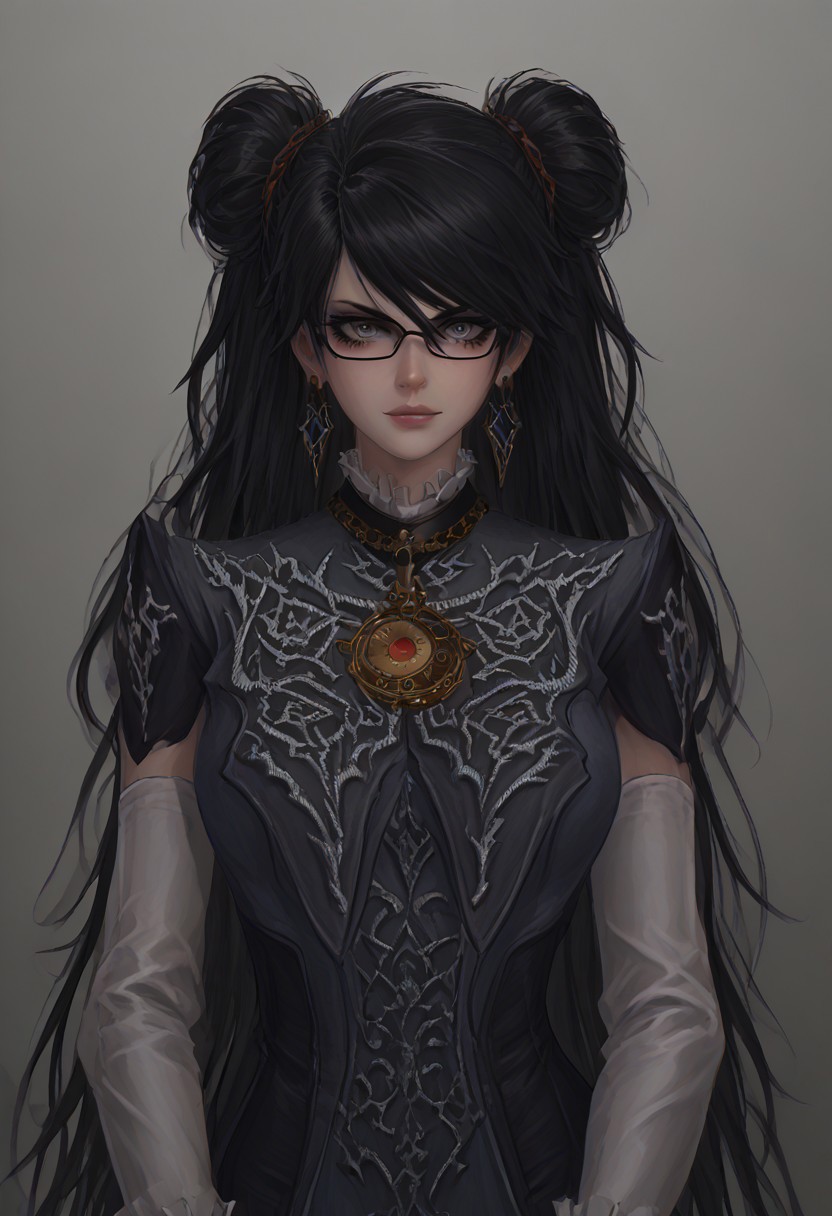 ,score_9, score_8_up, score_7_up,<lora:brawl_style_1_2_R:0.8>, 1girl, brawl, bayonetta 2, Black Hair, Very Long Hair, Epic Hair, Big Hair, Wavy Hair, Ponytail, Dual Bun, Brawl Stars Style, Blue Triangle Earrings, Gray Eyes, White Long Gloves, Long Sleeves, Black Skirt, Eyeglasses, Half Body, {{Sakimichan Style}}, source_anime