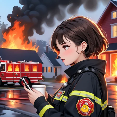 masterpiece,highres,best quality,best aesthetic, intriguing details, aaSKTm1n1,B0Y1E, solo,1woman, blush,short hair,drinking coffee, fireman uniform, standing in front of a house on fire,outdoor,firetruck, texting, emoji, speech bubble, phone,
