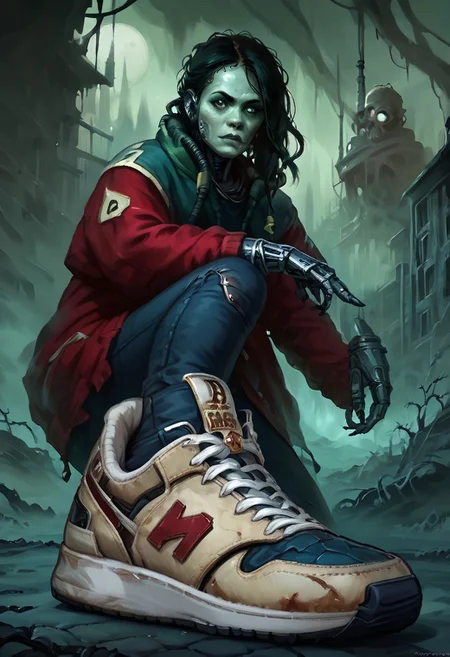 score_9, score_8_up, score_7_up, w4rh4mm3r style oil painting, grimdark, 18 year old female cyborg, eerie horror background, foggy, hud_sh03_sh0w, foreshortening, looking at viewer, sneakers. wearing cybernetic sneakers