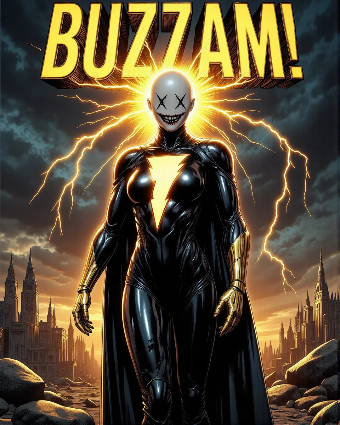 score_9, score_8_up, score_7_up, source_realistic, hyper-realistic details, comic book style, high quality v3, (ultra-HD details), Fantasy detailers.  
A bald female mannequin with a XXDFace design: bold thick stitched-crossed eyes and a big horrendous stitched fanged smile that exudes an eerie yet powerful presence. She wears a sleek **Black Adam-inspired superhero suit**, black with glowing golden lightning icon across the chest, metallic gold gauntlets, and a dark, tattered cape flowing behind her. Her faceless and stitched features add a sinister twist to the powerful, iconic design.  
- The title **“BUZZAM!”** written in jagged, electrified comic-style font at the top of the cover, with glowing golden lightning cracks running through the text for dramatic emphasis.  
- A stormy, apocalyptic sky with swirling dark clouds, vibrant lightning bolts, and golden energy radiating around the mannequin.  
- The broken ruins of a futuristic city lie beneath her feet, emphasizing her dominance and raw power.  
- Bold, comic book-style composition with sharp lines, intense shadows, and vibrant pops of gold against dark tones.  
- Hyper-detailed textures on the suit, including the glowing lightning crackle and the mannequin’s polished, stitched features.  
- Dynamic lighting effects from the lightning bolts and her glowing suit, creating a cinematic, electrifying atmosphere.  
An epic and ominous comic cover that merges the menacing energy of Black Adam with the surreal, eerie presence of a faceless XXDFace mannequin, radiating unstoppable power.