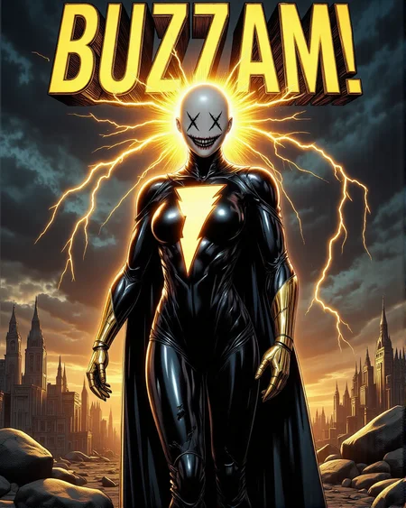 score_9, score_8_up, score_7_up, source_realistic, hyper-realistic details, comic book style, high quality v3, (ultra-HD details), Fantasy detailers.
A bald female mannequin with a XXDFace design: bold thick stitched-crossed eyes and a big horrendous stitched fanged smile that exudes an eerie yet powerful presence. She wears a sleek **Black Adam-inspired superhero suit**, black with glowing golden lightning icon across the chest, metallic gold gauntlets, and a dark, tattered cape flowing behind her. Her faceless and stitched features add a sinister twist to the powerful, iconic design.
- The title **“BUZZAM!”** written in jagged, electrified comic-style font at the top of the cover, with glowing golden lightning cracks running through the text for dramatic emphasis.
- A stormy, apocalyptic sky with swirling dark clouds, vibrant lightning bolts, and golden energy radiating around the mannequin.
- The broken ruins of a futuristic city lie beneath her feet, emphasizing her dominance and raw power.
- Bold, comic book-style composition with sharp lines, intense shadows, and vibrant pops of gold against dark tones.
- Hyper-detailed textures on the suit, including the glowing lightning crackle and the mannequin’s polished, stitched features.
- Dynamic lighting effects from the lightning bolts and her glowing suit, creating a cinematic, electrifying atmosphere.
An epic and ominous comic cover that merges the menacing energy of Black Adam with the surreal, eerie presence of a faceless XXDFace mannequin, radiating unstoppable power.