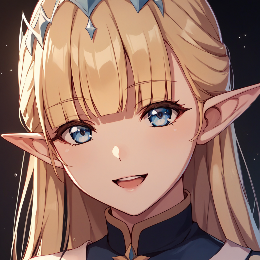 score_9, score_8_up, score_7_up, score_6_up, source_anime, seras_ashrain, 1girl, blue eyes, solo, blonde hair, long hair, open mouth, bangs, blunt bangs, anime coloring, upper body view, seductive smile, portrait, looking at viewer, pointy ears <lora:Pony-XL-SerasAshrain:1>
