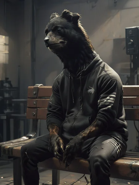 side-view, oil painting, close up shot depressed stnerfx raven wearing a tracksuit bench-pressing, facing the camera, in a studio, deep shadows, <lora:- SDXL - stnerfx _Stoned_Fox_Style_V4.0:1>