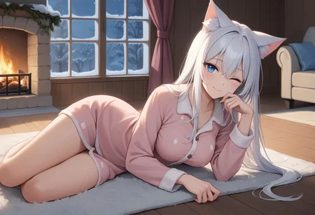 Nsfw,score_9, score_8_up, score_7_up, beautiful long hair, catgirl, medium breast, pajamas,forest lodge, cozy living room, fireplace, carpet, lie on carpet, covered with a fluffy blanket, fluffy pillow, white hair, blue eyes, one eye half opened, looking at viewer , ,window, night, winter outside, smiling, girl is unbuttoning the top of her shirt,