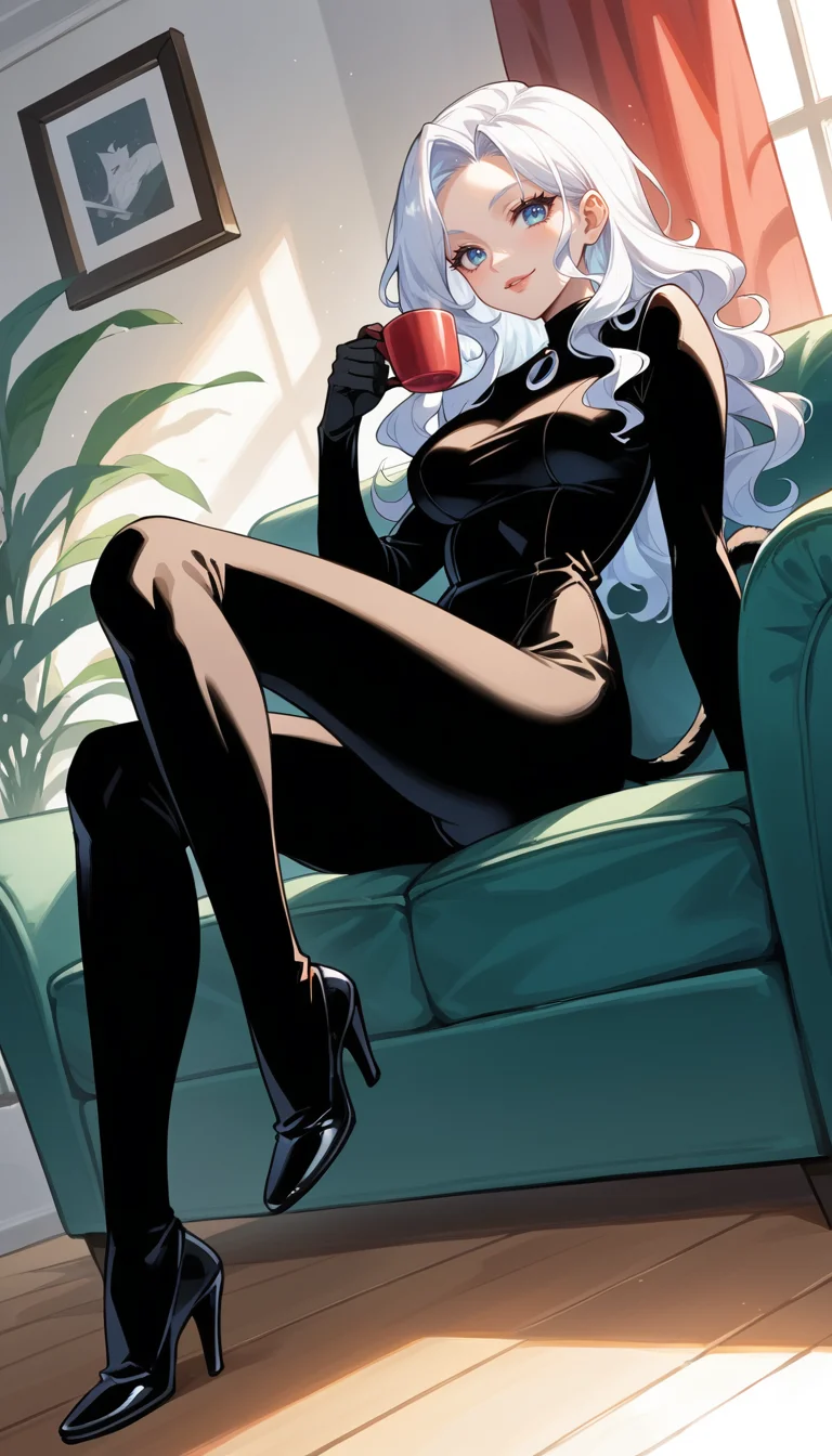 score_9, score_8_up, score_7_up, Anime Style, Full Body Shot, Felicia Hardy, cute, seductive, innocent, light smile:0.3, plump lips, slender body, long luminous neon white hair, wavy hair, in high detailed Black Cat suit, tight black suit with white accents, gloves of her costume form retractable claws at the fingertips, Sitting on the armchair, sipping a cup of coffee, living room of her loft, depth of field, dynamic angle, fashion photography, sharp, hyperdetailed:1.15