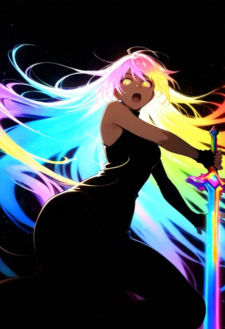 score_9, score_8_up, score_7_up, score_6_up, 1girl, bare shoulders, solo, looking at viewer, glowing eyes, open mouth, long hair flowing hair, flying hair, rainbow colored hair, neon hair, glowing hair, from below, crouched, holding sword, sword raised sword pose, rainbow sword, back lighting, dark, multicolored background, blurred background, bright, multicolored, bright colors of paint, masterpiece, best quality, amazing quality, very aesthetic, lots of multicolored rainbow light, focus on the face, lots of soft light, soft colors