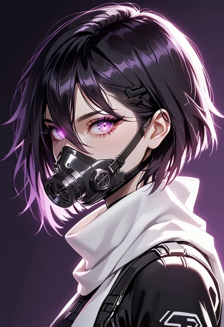 https://civitai.com/images/70944037
{{amazing quality, best quality, high quality, very aesthetic}}, 1girl, solo, simple background, dramatic lighting, backlighting, glowing eyes, medium hair, black hair, hair between eyes, spiky hair, purple eyes, black respirator, gasmask, white scarf, futuristic, cyberpunk, from the side, side view, portrait, looking at viewer, black bodysuit, skintight