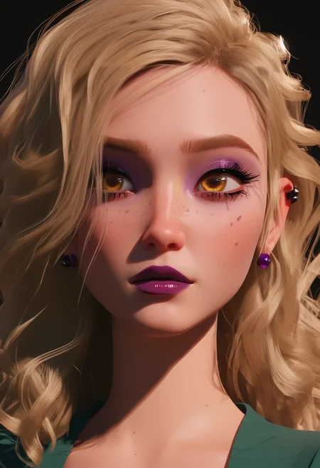score_9,score_8,score_7,score_6,score_5, SH_Style, NIMO, 1girl, portrait, yellow eyes, stunning eyes, makeup, eyeliner, blonde hair, curly, black background, piercings, purple lipstick, freckles, 3d <lora:Sheeps_Styles_-_Nimona:1.2>