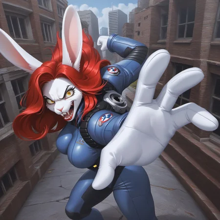 safe_pos, safe_pos, Score_9, score_8_up, score_8, score_7, female, white (anthro rabbit), long red hair, red lipstick, crazy yellow eyes, crazy, pilot flight suit, big breasts, cleavage, curvy, city ruins, furious, angry, incoming punch, IncrsPunchMeme