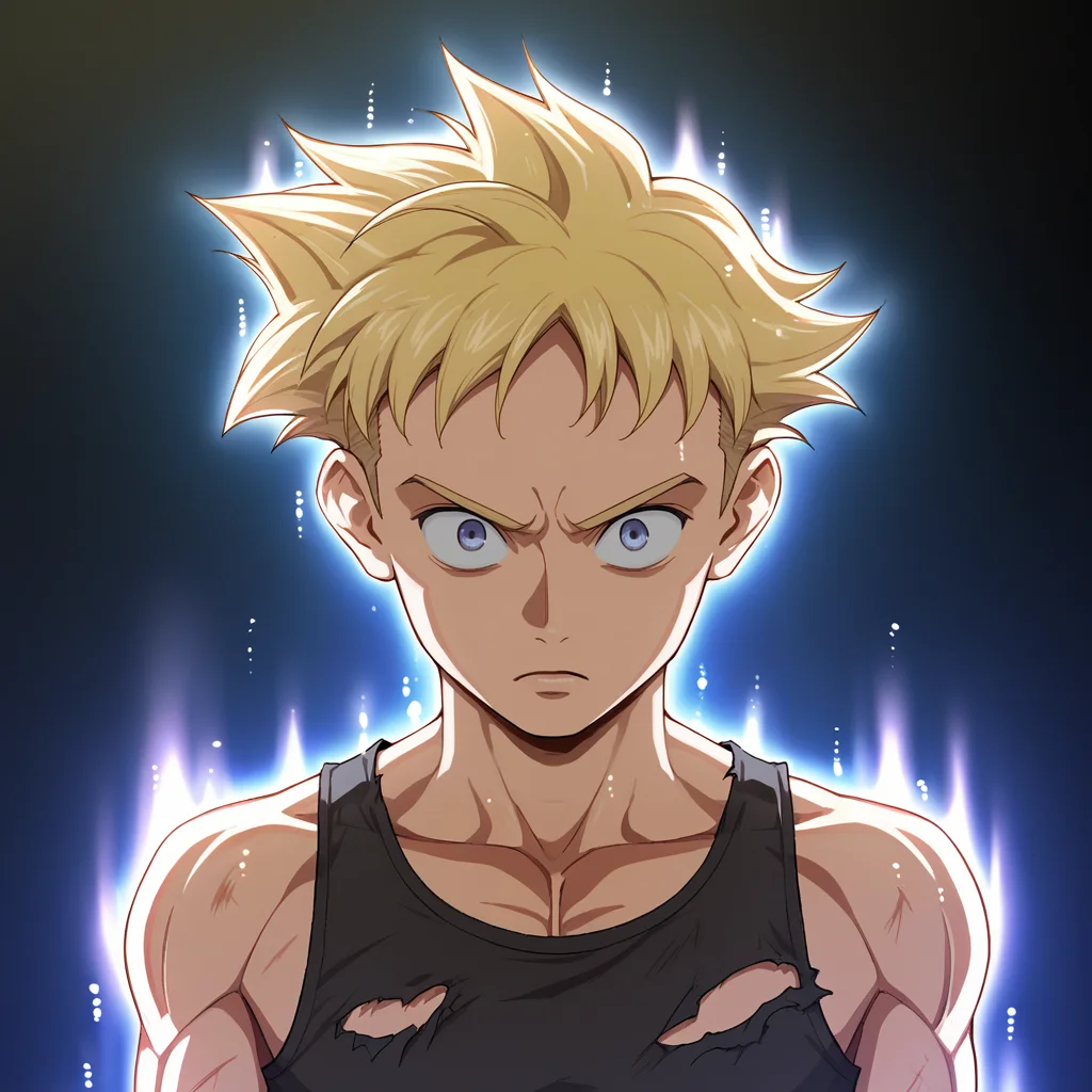 score_9_up, score_8_up, BREAK, UltraInstInctAura, aura, light particles, glowing skin, glowing clothes, 1boy, solo, blonde hair, short hair, tank top, pants, torn clothes, upper body, arms at sides, <lora:UltraInstinctAura_PXL_Leaf2:1>, ,