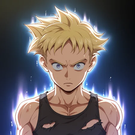 score_9_up, score_8_up, BREAK, UltraInstInctAura, aura, light particles, glowing skin, glowing clothes, 1boy, solo, blonde hair, short hair, tank top, pants, torn clothes, upper body, arms at sides, <lora:UltraInstinctAura_PXL_Leaf2:1>, ,
