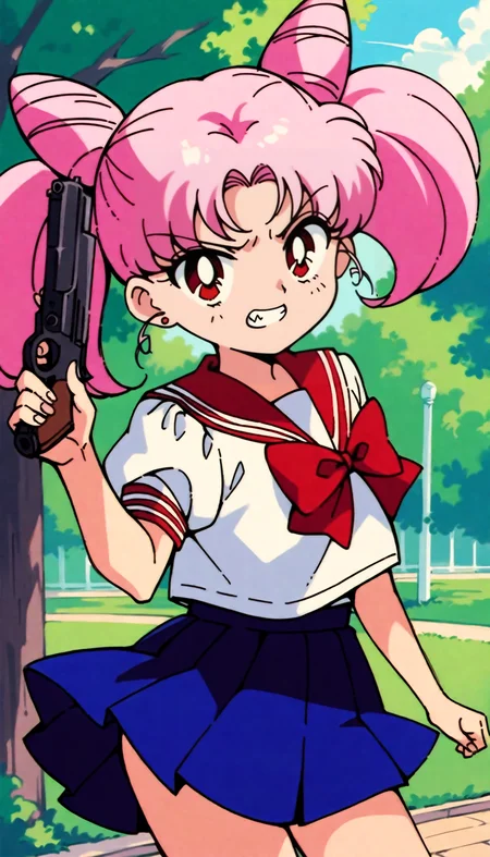 masterpiece,best quality,very aesthetic,absurdres,Sailor Chibimoon XL,1girl,solo,hair bun,cone hair bun,pink hair,school uniform,skirt,twintails,sailor collar,red eyes,serafuku,double bun,weapon,handgun,bow,blue skirt,jewelry,earrings,<lora:Sailor Chibimoon XL:0.8>,park,evil grin,cowboy shot,