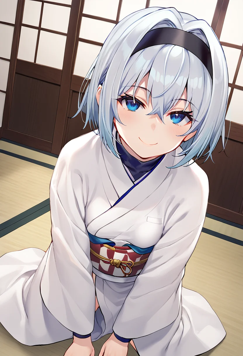 ginko_sora, blue hair, blue eyes, medium hair, small breasts,black hairband,official art, breasts,white kimono with snowflakes decorations, BREAK indoors, tatami, japanese forniture BREAK looking at viewer, closed mouth,happy face, wariza, on knees, sitted on floor, gentle smile, BREAK best quality, masterpiece,score_9, score_8_up, score_7_up, perfect hand, source_anime, rating_explicit, <lora:Ginko_Sora:0.8>
